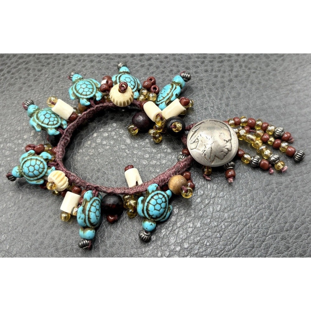 Vintage Buffalo Nickel Turquoise Turtle Charm Bead Woven Bracelet Boho Style